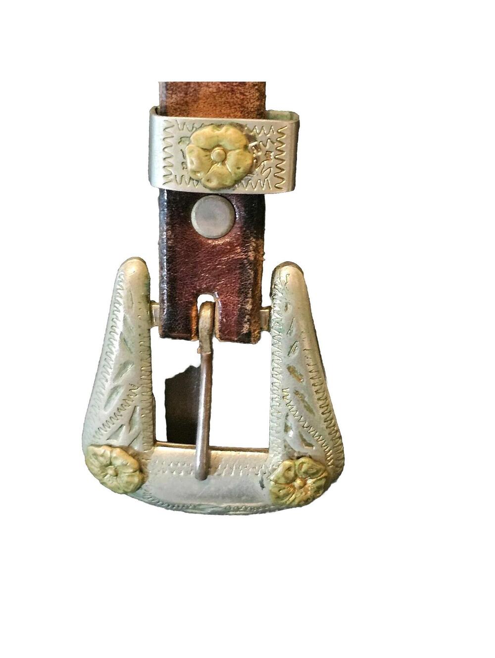 Leather Belt And Buckle Goldtone Daisy Western Cowboy/Girl Solid Nickel & Silver